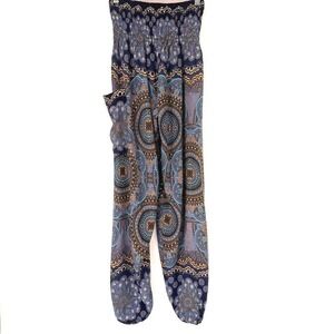 Blue‎ Mandala Paisley Smocked Waist Boho Harem Pants S/M Hippie Gypsy Peacock